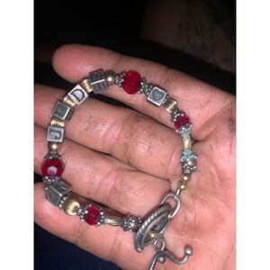 Vintage Judi Name Bracelet 925 Sterling Silver Red Crystal Beads Toggle Clasp